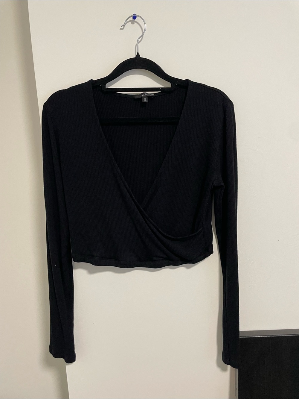 Dynamite Black Ribbed Wrap Long-Sleeve Crop Top